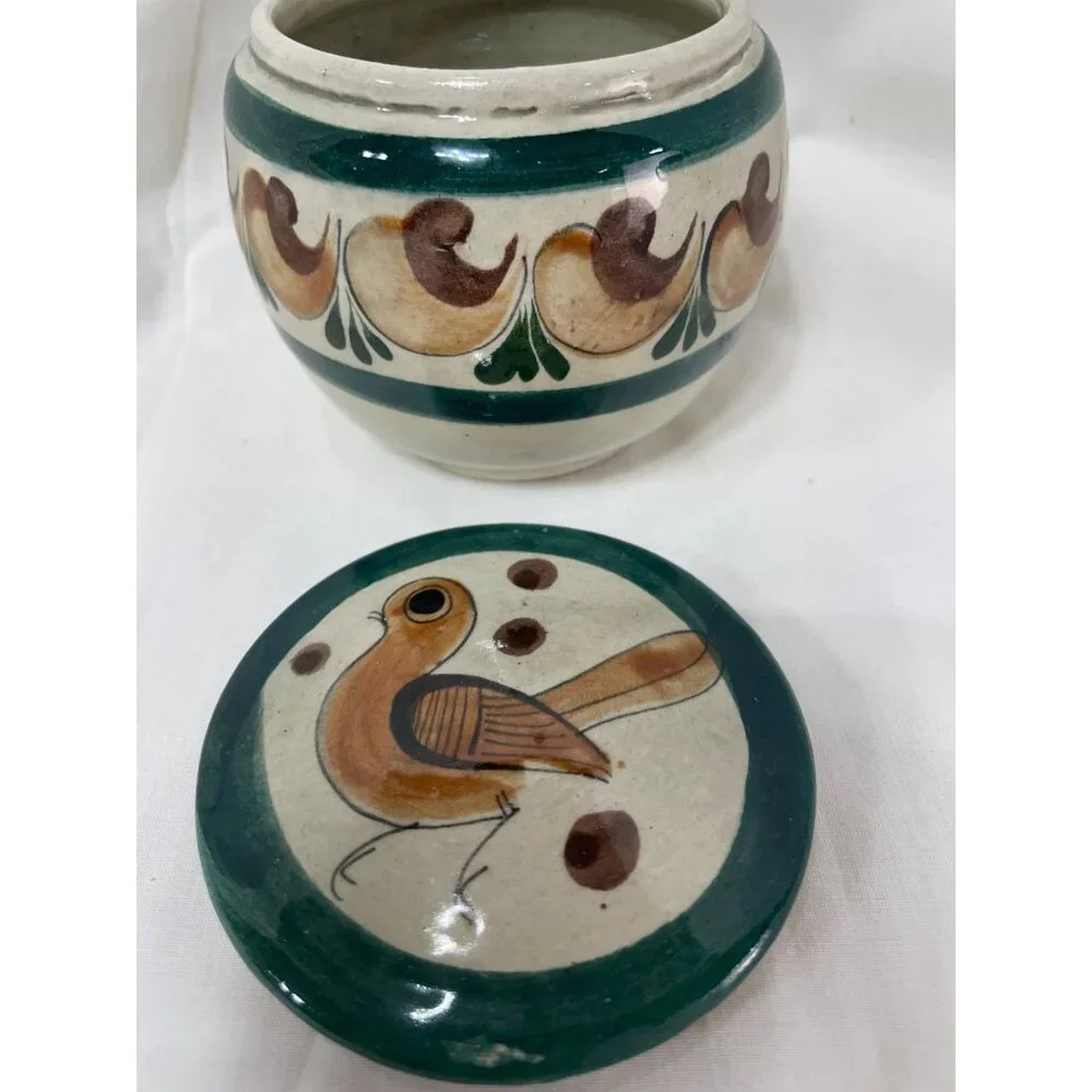 Mexican HandPainted Ceramic Jar w Lid Bird Floral Design Green & Brown Accents
